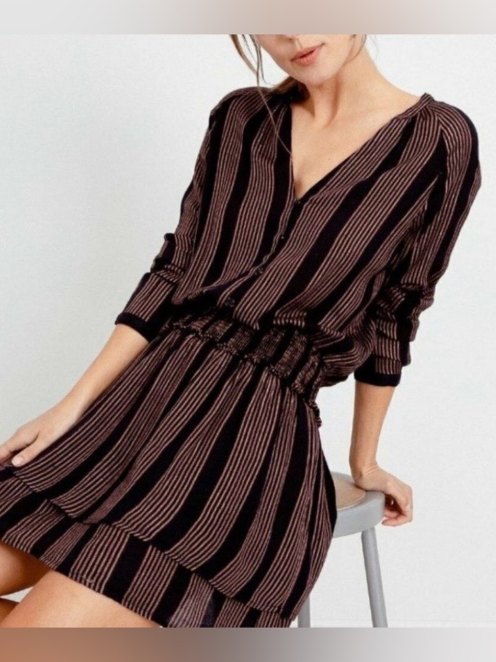 Rails | Women’s Black/Gold Metallic Jasmine Midas Striped Smocked-Waist Dress M